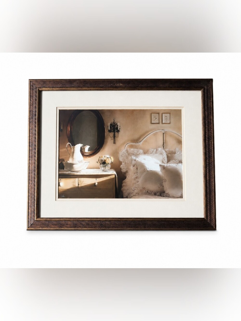 Vintage Framed Bedroom Interior Print Signed Lower Left Matted Wall Art